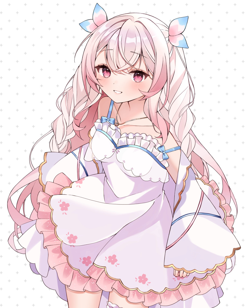1girl absurdres bangs blush braid bridal_garter commission crossed_bangs detached_sleeves dress floral_print frilled_dress frills hair_ribbon heart heart_necklace highres indie_virtual_youtuber jewelry long_hair long_sleeves looking_at_viewer necklace pink_eyes pink_hair ribbon sakuta. salty_kale_chips_(vtuber) skeb_commission sleeveless sleeveless_dress sleeves_past_wrists smile solo strap_slip twin_braids two_side_up very_long_hair virtual_youtuber