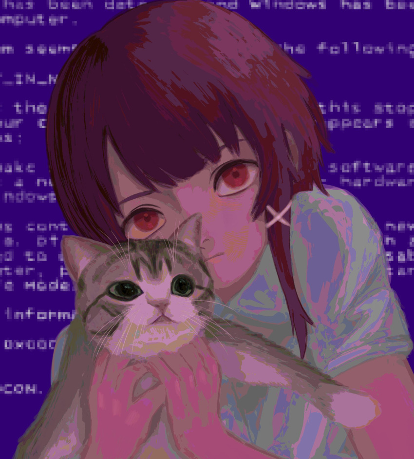 1girl animal asymmetrical_hair bangs brown_eyes brown_hair cat hair_ornament hairclip highres holding holding_animal holding_cat iwakura_lain izuru_0123 serial_experiments_lain short_hair single_sidelock x_hair_ornament