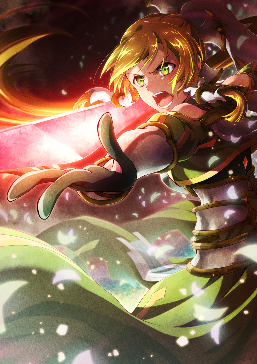 1girl absurdres black_gloves blonde_hair dress floating_hair gloves green_dress green_eyes highres holding holding_sword holding_weapon katana leafa_(terraria) long_dress long_hair oboro_neko open_mouth outstretched_arm shiny shiny_hair solo sword sword_art_online very_long_hair weapon