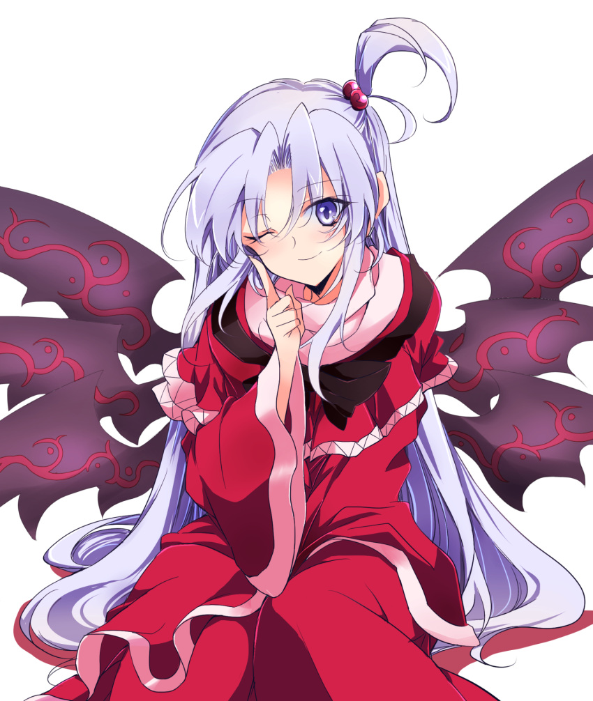1girl ;) bangs black_bow black_wings blue_eyes bow capelet closed_mouth dress grey_eyes grey_hair hair_bobbles hair_ornament highres ichimura_kanata index_finger_raised long_hair long_sleeves looking_at_viewer multiple_wings one_eye_closed one_side_up parted_bangs red_capelet red_dress shinki_(touhou) simple_background sitting smile solo touhou touhou_(pc-98) very_long_hair white_background wings