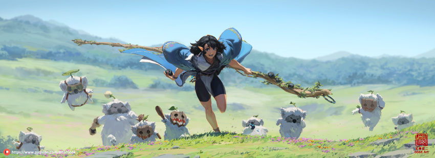 1girl :d black_eyes black_hair bodysuit bodysuit_under_clothes day fantasy grass highres holding holding_staff kan_liu_(666k) looking_at_viewer mask medium_hair mountainous_horizon multiple_others on_grass open_mouth original outdoors pointy_ears robe running scenery short_sleeves smile staff wide_sleeves