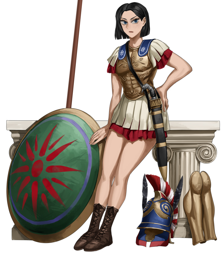 1girl absurdres armor black_hair blue_eyes boots brown_footwear commission cross-laced_footwear full_body hand_on_hip headwear_removed helmet helmet_removed highres hoplite leaning_on_object looking_at_viewer miniskirt open_mouth original remora25 sheath sheathed shield short_hair simple_background skirt solo sword weapon white_background