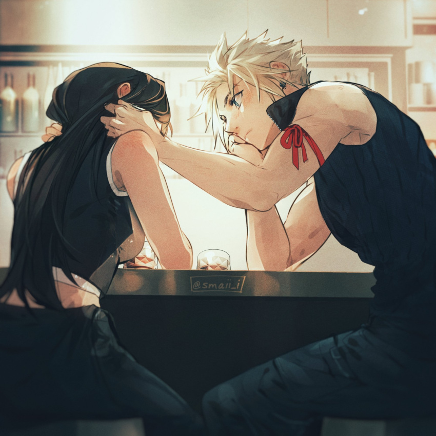 1boy 1girl adjusting_another's_hair arm_ribbon artist_name backboob bangs black_pants black_shirt blonde_hair blue_eyes blush bottle breasts closed_mouth cloud_strife earrings final_fantasy final_fantasy_vii from_side frown glass hand_on_own_neck hand_up highres indoors jewelry large_breasts long_hair looking_at_another maiii_(smaii_i) pants red_ribbon ribbon shirt short_hair sitting tifa_lockhart
