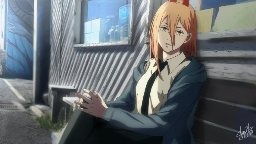 1girl bench blue_jacket chainsaw_man collared_shirt day demon_horns formal hair_between_eyes hands_on_lap highres horns jacket knees_up laillnii long_hair necktie outdoors power_(chainsaw_man) red_horns road shirt sitting sitting_on_bench solo street suit white_shirt