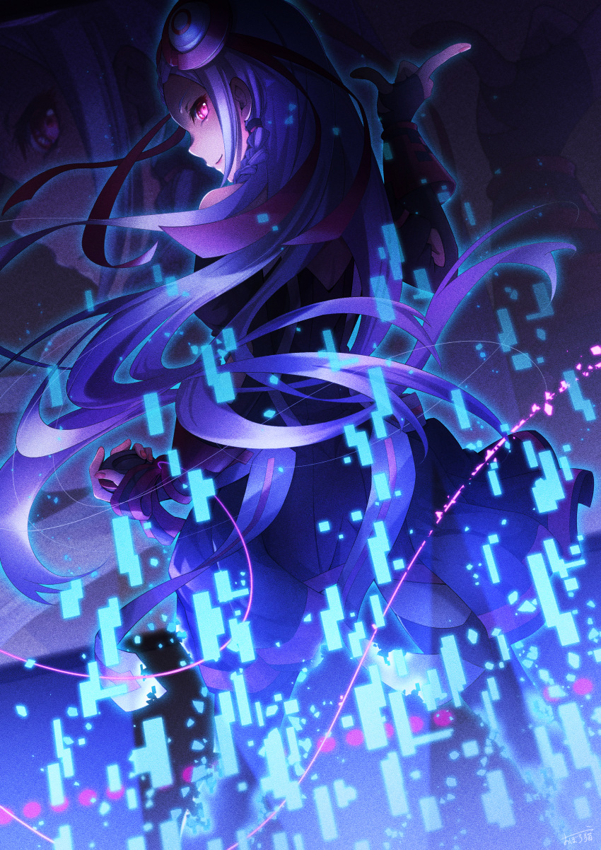 1girl absurdres black_dress braid closed_mouth dress floating_hair from_behind hair_ornament hair_ribbon highres holding holding_microphone index_finger_raised long_hair looking_at_viewer looking_back microphone oboro_neko profile purple_hair red_eyes red_ribbon ribbon smile solo sword_art_online very_long_hair yuna_(sao)