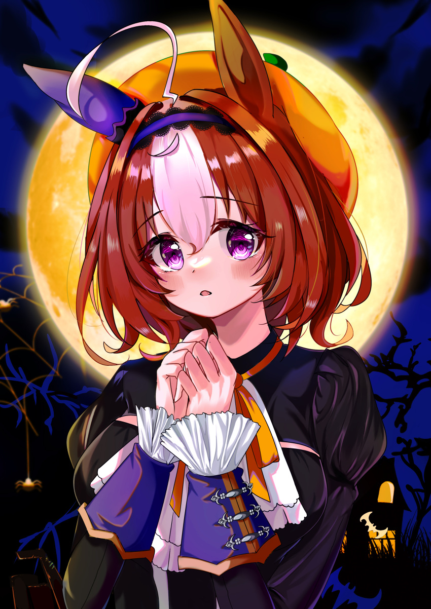 1girl absurdres ahoge animal_ears ascot bangs bare_tree bat_(animal) black_dress brown_hair bug commentary days_in_a_flash_(umamusume) dress english_commentary fang frilled_sleeves frills frown full_moon hairband halloween halloween_costume hat highres horse_ears horse_girl house lace-trimmed_hairband lace_trim long_sleeves looking_at_viewer medium_hair meisho_doto_(dot-o'-lantern)_(umamusume) meisho_doto_(umamusume) moon morizu929 multicolored_hair neck_ribbon night official_alternate_costume open_mouth orange_headwear orange_ribbon outdoors own_hands_together purple_hairband ribbon solo spider tree two-tone_hair umamusume upper_body white_ascot white_hair