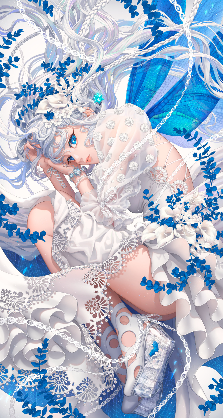 1girl absurdres blue_eyes blue_leaf blue_theme braid caterpillar commentary curled_up dress ear_piercing english_commentary flower hair_flower hair_ornament highres lips long_hair looking_at_viewer lying minami_(minami373916) on_side original parted_lips piercing sideways_glance solo wedge_heels white_dress white_hair