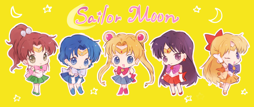 5girls absurdres aino_minako back_bow bangs bishoujo_senshi_sailor_moon black_hair blonde_hair blue_eyes blue_hair bow brown_hair chibi circlet copyright_name double_bun earrings gloves green_eyes hair_bobbles hair_bow hair_bun hair_ornament hano_luno highres hino_rei jewelry kino_makoto leotard long_hair mizuno_ami multiple_girls one_eye_closed parted_bangs pleated_skirt ponytail sailor_jupiter sailor_mars sailor_mercury sailor_moon sailor_senshi sailor_senshi_uniform sailor_venus short_hair skirt smile tsukino_usagi twintails very_long_hair violet_eyes yellow_background