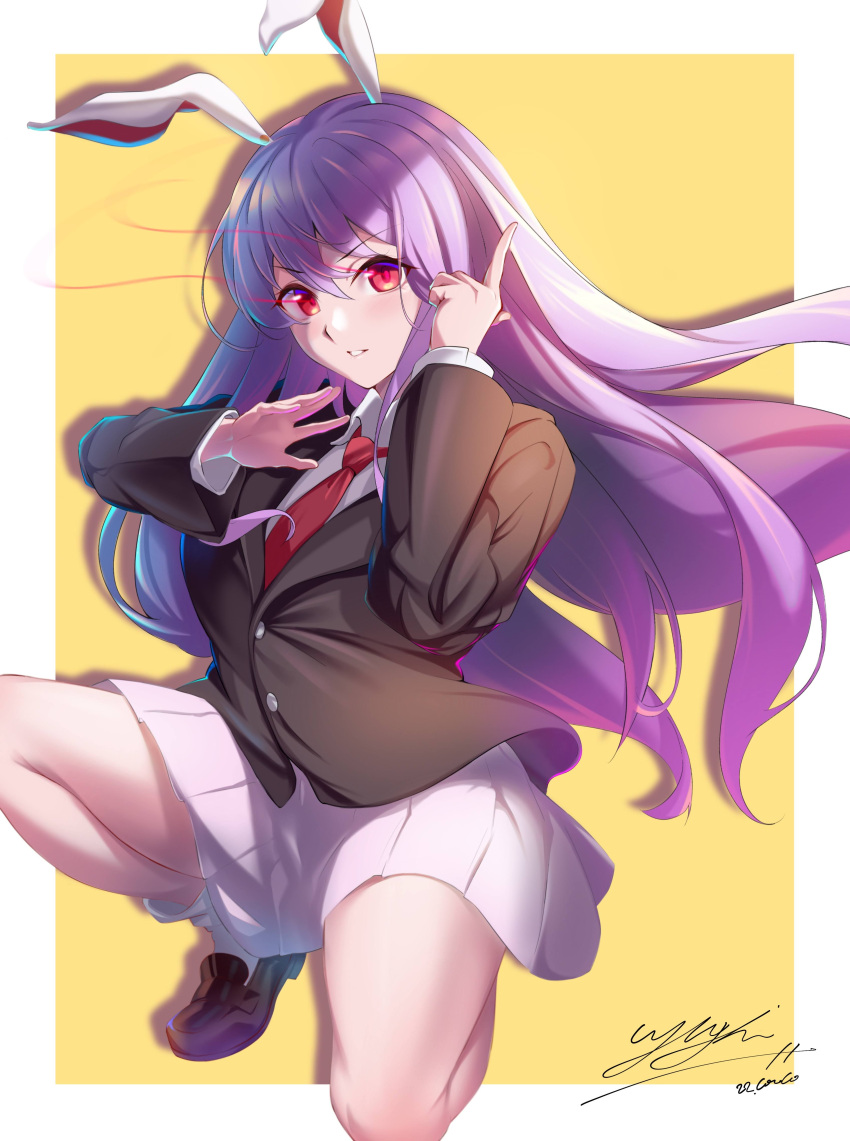 1girl absurdres animal_ears arm_up bangs black_jacket blush border breasts brown_footwear buttons closed_mouth collared_shirt commentary_request grey_shirt grey_socks hair_between_eyes hands_up highres jacket long_hair long_sleeves looking_at_viewer medium_breasts necktie outside_border pink_skirt pointing purple_hair rabbit_ears red_eyes red_necktie reisen_udongein_inaba shirt shoes signature simple_background sitting skirt socks solo teeth touhou v-shaped_eyebrows white_border yellow_background yujin_(kanouyuuto-0423)