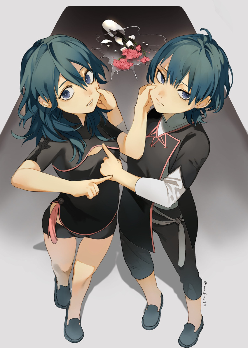 1boy 1girl absurdres aged_down bangs blue_eyes blue_hair broken_vase byleth_(fire_emblem) byleth_eisner_(female) byleth_eisner_(male) doku_gin1126 fire_emblem fire_emblem:_three_houses floor flower from_above hands_on_another's_cheeks hands_on_another's_face highres medium_hair pointing short_hair siblings twins vase water watermark