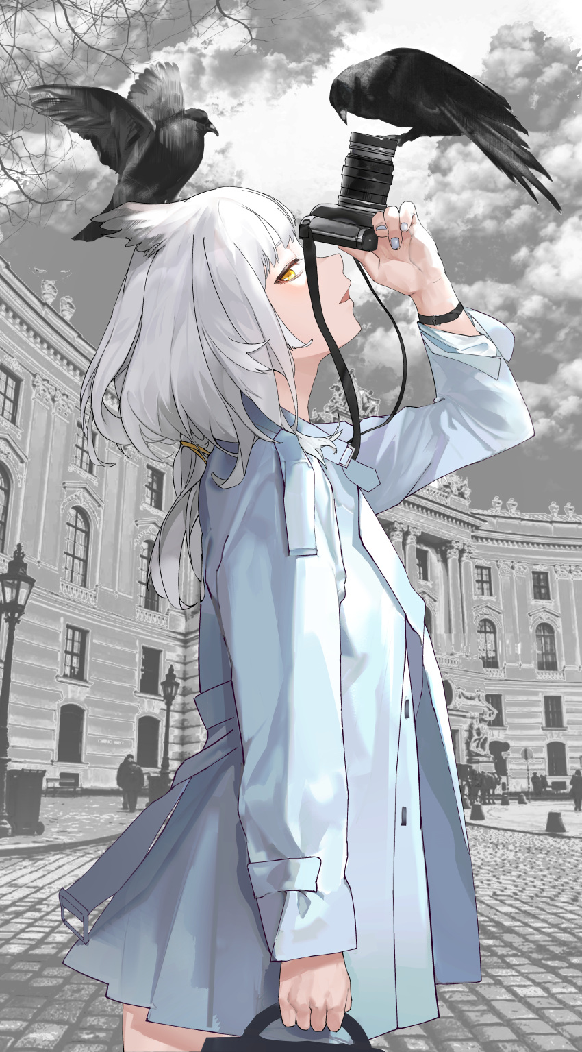 1girl :d absurdres alternate_costume animal_on_head arknights arm_up bag bird bird_on_head blue_coat blue_nails building camera casual coat cowboy_shot grey_hair highres holding holding_bag holding_camera huibai_bri long_sleeves looking_at_viewer looking_to_the_side nail_polish on_head open_clothes open_coat open_mouth outdoors owl_ears ptilopsis_(arknights) short_hair sideways_glance smile solo wristband yellow_eyes