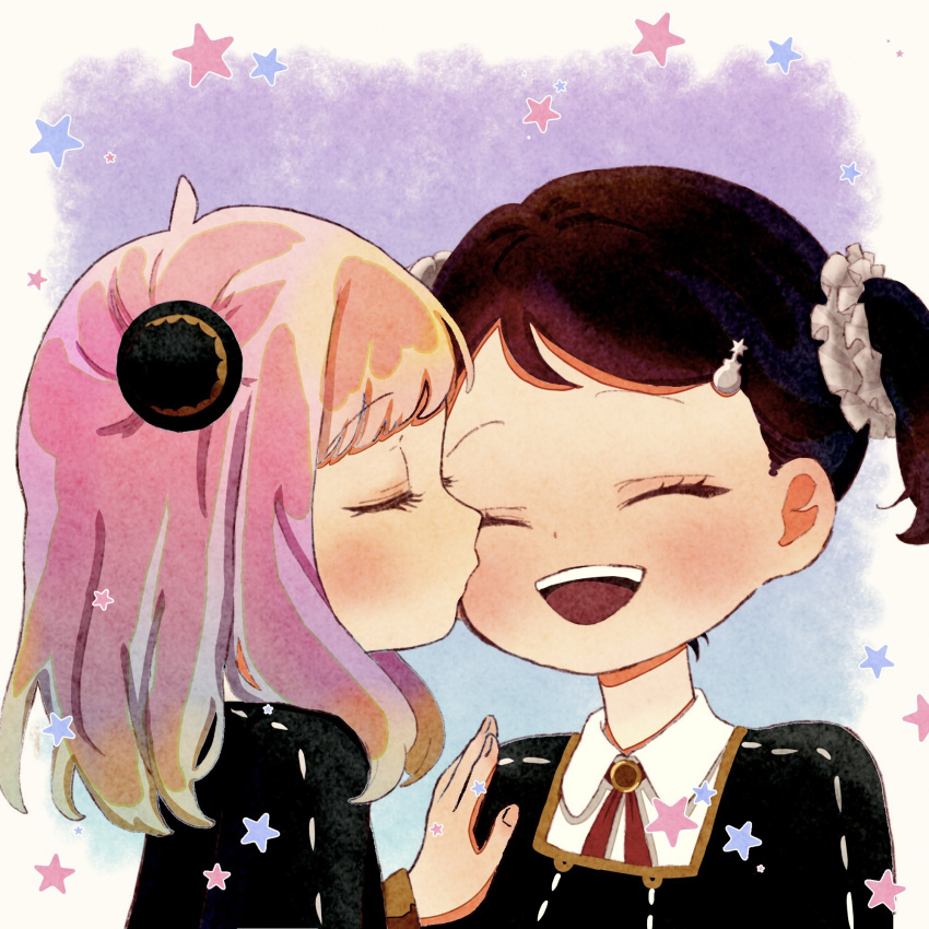 2girls anya_(spy_x_family) artist_request becky_blackbell blush brown_hair check_artist closed_eyes commentary_request eden_academy_uniform hairpods highres kiss kissing_cheek komemaiguntou multiple_girls open_mouth pink_hair short_hair spy_x_family star_(symbol) teeth upper_teeth yuri