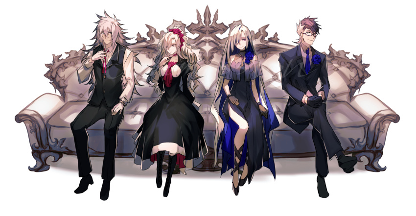 2boys 2girls alternate_costume black_gloves blue_flower blue_rose brynhildr_(fate) couch crossed_legs dress fate/grand_order fate_(series) flower formal glasses gloves grey_hair hair_over_one_eye highres kashia kriemhild_(fate) long_dress long_hair multicolored_hair multiple_boys multiple_girls necktie rose siegfried_(fate) sigurd_(fate) sitting smile suit two-tone_hair very_long_hair white_background white_gloves