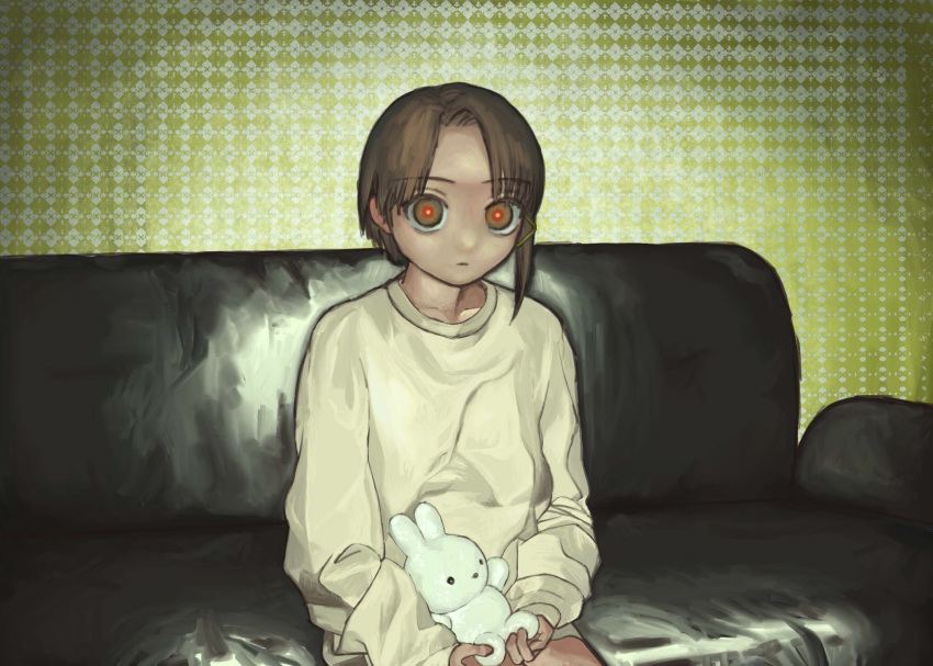 1girl asymmetrical_hair brown_eyes brown_hair couch hair_ornament hairclip highres holding holding_stuffed_toy iwakura_lain looking_at_viewer mltep712 serial_experiments_lain single_sidelock stuffed_animal stuffed_bunny stuffed_toy x_hair_ornament