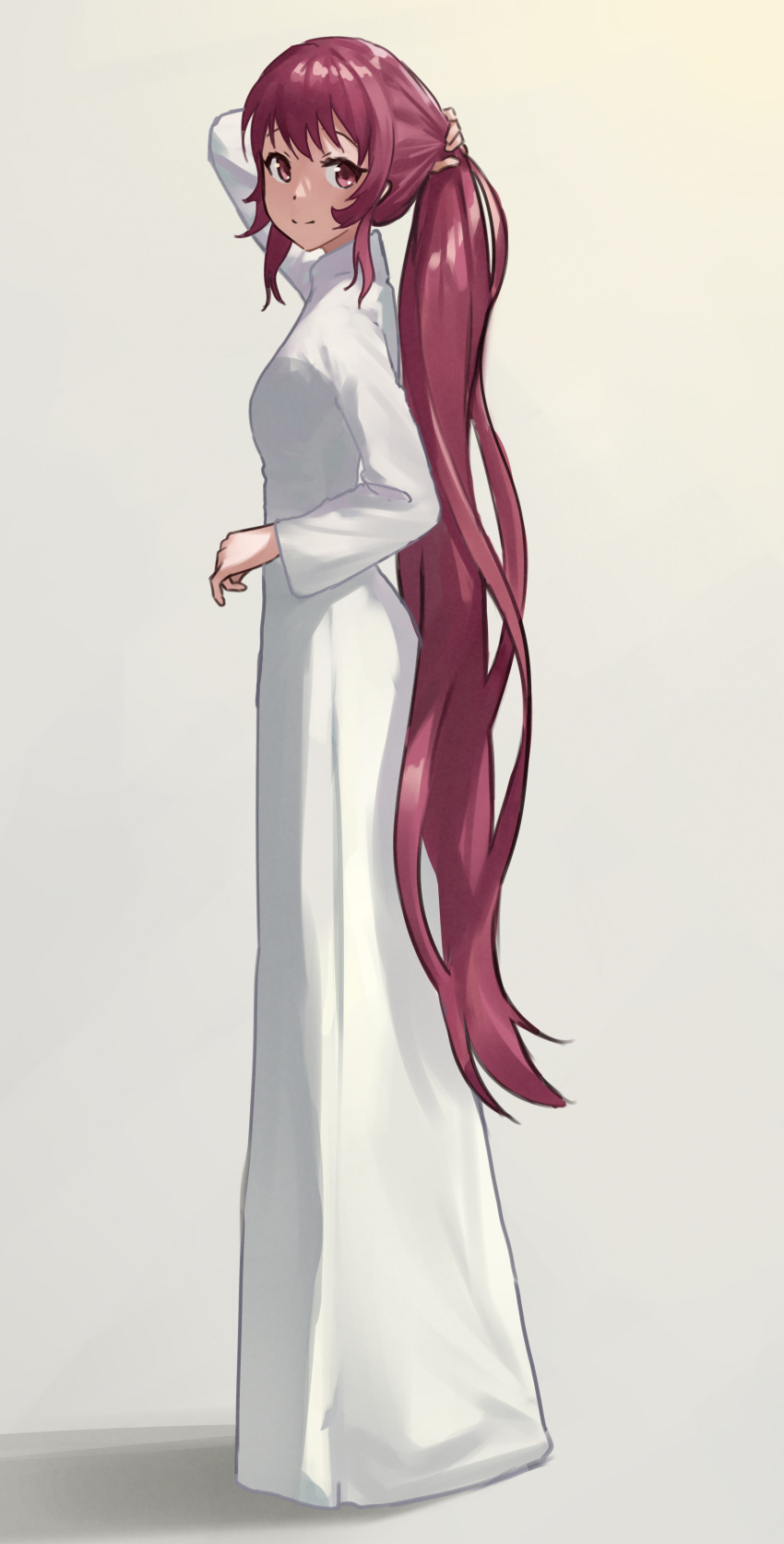 1girl absurdres closed_mouth dress from_side full_body grey_background highres keibi_inu long_dress long_hair long_sleeves looking_at_viewer red_eyes redhead shiny shiny_hair smile solo standing sugiura_ayano tying_hair very_long_hair white_dress yuru_yuri