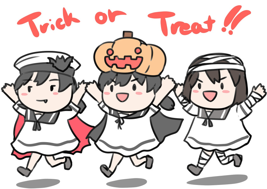 3girls arms_up bandaged_head bandages bat_hair_ornament black_cape black_hair cape chibi commentary_request daitou_(kancolle) dress fang grey_sailor_collar hair_ornament halloween_costume hat hiburi_(kancolle) highres jack-o'-lantern kantai_collection ken_(shutenndouji1) low_ponytail multiple_girls sailor_collar sailor_dress sailor_hat short_hair shounan_(kancolle) simple_background solid_oval_eyes twintails walking white_background white_dress white_headwear