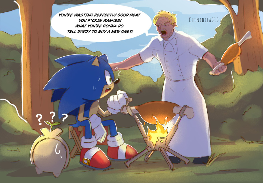 2boys ? ?? ^^^ angry blonde_hair blue_fur chef chef_uniform chinchila010 cooking food frown gloves gordon_ramsay grass hell's_kitchen highres holding holding_food meat monster_hunter_(series) multiple_boys open_mouth red_footwear shouting sonic_(series) sonic_frontiers sonic_the_hedgehog surprised sweatdrop twitter_username white_gloves wide-eyed