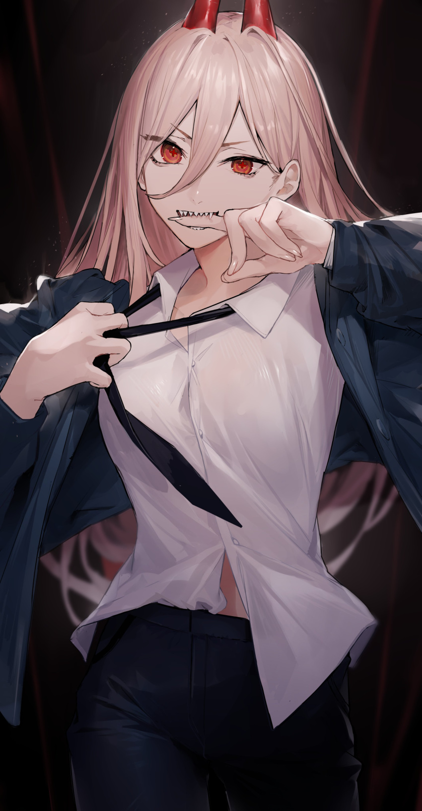 1girl absurdres biting black_background black_jacket black_necktie black_pants chainsaw_man collared_shirt finger_biting hair_between_eyes highres horns jacket long_hair long_sleeves looking_at_viewer necktie neonbeat pants parted_lips power_(chainsaw_man) sharp_teeth shirt simple_background smile solo teeth white_shirt