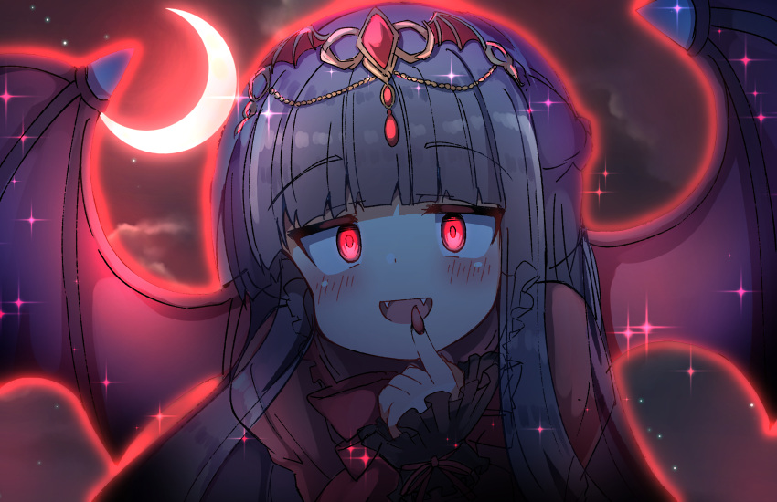 1girl :d black_hair blush commentary_request crescent_moon demon_wings dress fangs glowing glowing_eyes headpiece highres idolmaster idolmaster_cinderella_girls idolmaster_cinderella_girls_starlight_stage juliet_sleeves long_hair long_sleeves looking_at_viewer moon nail_polish puffy_sleeves red_dress red_eyes red_nails red_wings sajo_yukimi smile solo umberblack upper_body wings