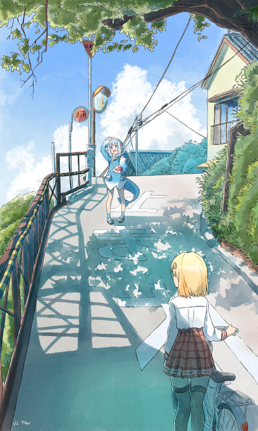2girls animal_hood aqua_hair arm_up bare_legs bicycle blonde_hair blue_eyes blue_sky blue_socks bush clouds day facing_away feet_out_of_frame full_body gawr_gura ground_vehicle hair_ornament highres hill hololive hololive_english hood house jl_tan monocle_hair_ornament multiple_girls outdoors plaid plaid_skirt power_lines railing red_skirt road road_sign rural shark_hair_ornament shark_hood shirt short_hair sidelocks sign signature skirt sky sleeves_past_wrists socks thigh-highs tree two_side_up utility_pole virtual_youtuber watson_amelia waving white_footwear white_shirt window
