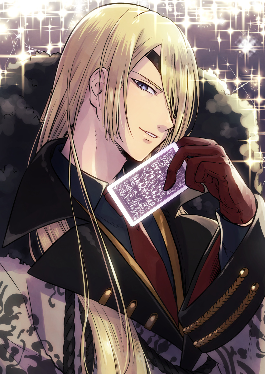 1boy absurdres aiguillette blonde_hair blue_eyes blue_shirt camus_(yumekuro) card coat collared_shirt eyepatch fur-trimmed_coat fur_trim gloves green_eyes hair_over_one_eye highres holding holding_card lapels long_hair looking_at_viewer male_focus necktie notched_lapels parted_lips print_coat red_gloves red_necktie shirt smile solo sparkle_background straight_hair upper_body white_coat wide_sleeves yoi_(207342) yumekuro