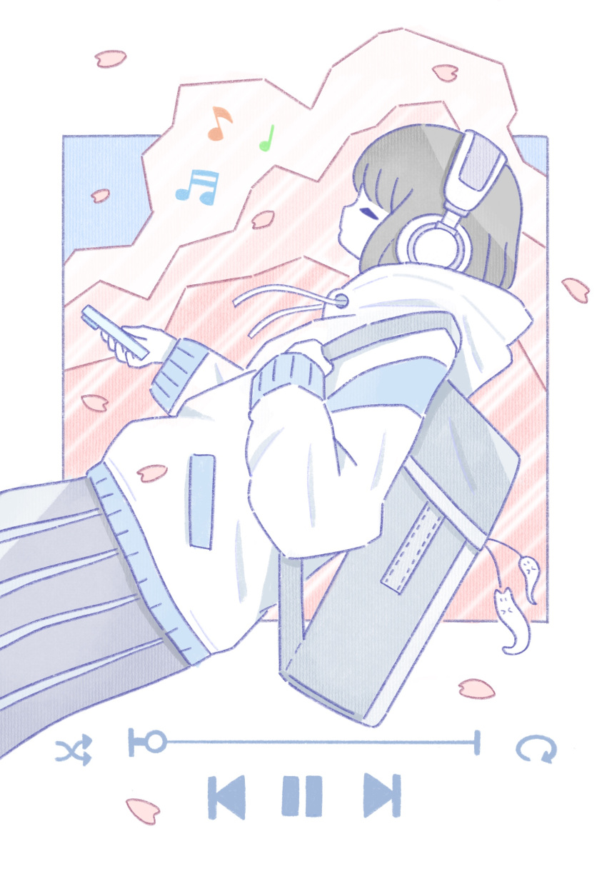 1girl backpack bag bag_charm beamed_sixteenth_notes brown_hair charm_(object) commentary digital_media_player grey_hair headphones highres hood hood_down hoodie musical_note omochi_noa original pause_button petals quarter_note standing symbol-only_commentary white_hoodie