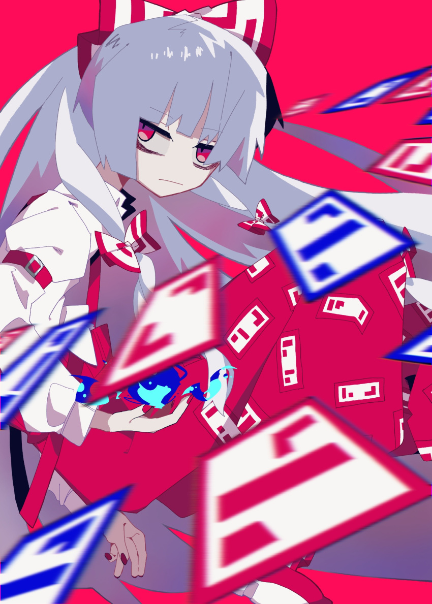 1girl arm_strap bangs blue_fire blunt_bangs bow closed_mouth commentary_request fire foot_out_of_frame from_side fujiwara_no_mokou grey_hair hair_bow highres knees_up long_hair long_sleeves looking_at_viewer mechakuchagenki nail_polish ofuda ofuda_on_clothes pants red_background red_bow red_eyes red_nails red_pants simple_background solo suspenders touhou two-tone_bow white_bow