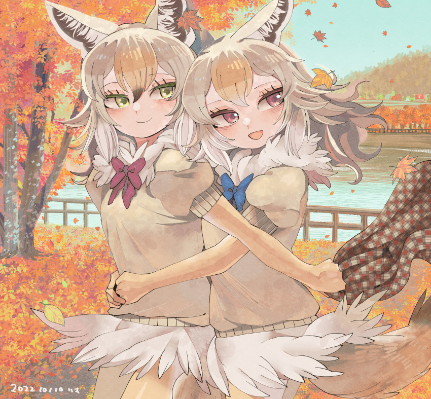2girls absurdres african_golden_wolf_(kemono_friends) animal_ears autumn autumn_leaves blue_bow blue_bowtie blush bow bowtie brown_gloves brown_hair brown_pantyhose closed_mouth dated day elbow_gloves gloves golden_jackal_(kemono_friends) green_eyes highres hug hug_from_behind kanmoku-san kemono_friends long_hair looking_away multicolored_hair multiple_girls open_mouth outdoors pantyhose puffy_short_sleeves puffy_sleeves red_bow red_bowtie red_eyes short_sleeves smile tail tree