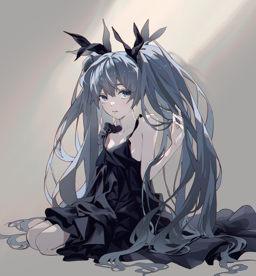 1girl absurdly_long_hair absurdres bangs bare_arms black_bow black_dress blue_eyes bow collarbone dress grey_background grey_hair hair_between_eyes hair_bow hatsune_miku highres long_hair looking_at_viewer parted_lips polaris100705 shinkai_shoujo_(vocaloid) sitting sleeveless sleeveless_dress solo twintails very_long_hair vocaloid