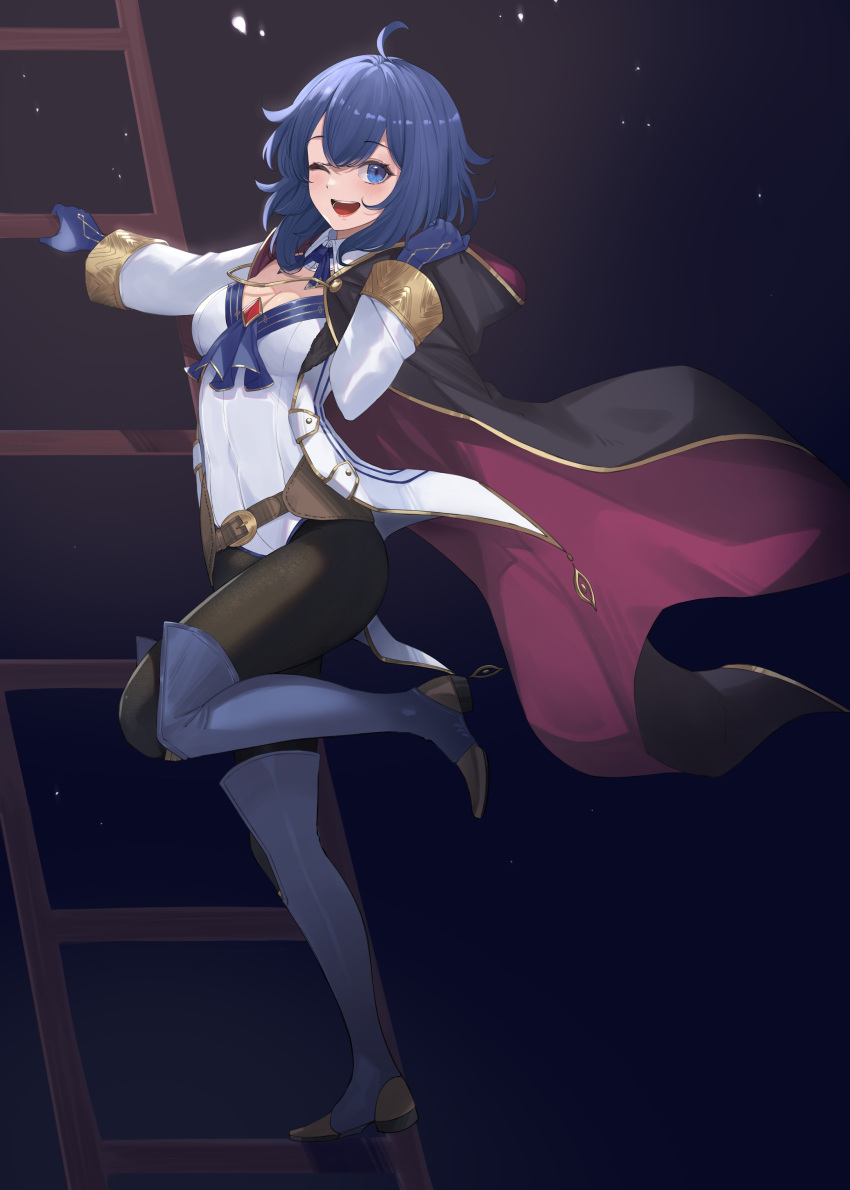 1girl ;d absurdres adapted_costume ahoge alternate_costume black_cape black_pantyhose blue_eyes blue_footwear blue_gloves blue_hair boots cape covered_navel english_commentary fire_emblem fire_emblem_awakening fire_emblem_heroes gloves highres ladder leg_up leotard morgan_(fire_emblem) morgan_(fire_emblem)_(female) one_eye_closed open_mouth pantyhose ritence smile solo spotlight standing standing_on_one_leg thigh_boots white_leotard