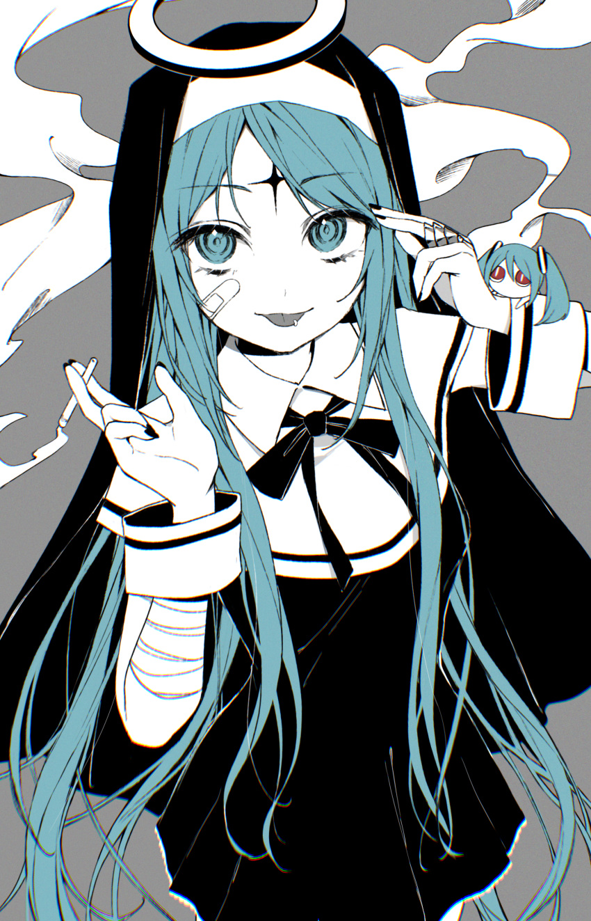 2girls aimaina aqua_eyes aqua_hair bandaged_arm bandages bandaid bandaid_on_face bow bowtie cigarette closed_mouth collared_dress drawing_kanon dress grey_background habit halo hands_up hatsune_miku highres holding holding_cigarette kamippoina_(vocaloid) long_hair looking_at_viewer multiple_girls piercing short_sleeves smoke tongue tongue_out tongue_piercing upper_body vocaloid wrist_cuffs