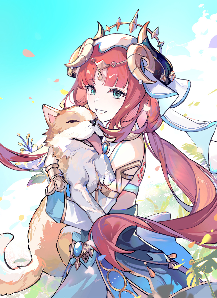 1girl absurdres animal back_tattoo blue_sky circlet crackingtaro crop_top detached_sleeves dog falling_petals floating_hair genshin_impact grin harem_outfit highres holding holding_animal holding_dog horns hug long_hair long_sleeves nilou_(genshin_impact) petals puffy_long_sleeves puffy_sleeves skirt sky smile solo tattoo twintails vambraces veil vision_(genshin_impact)