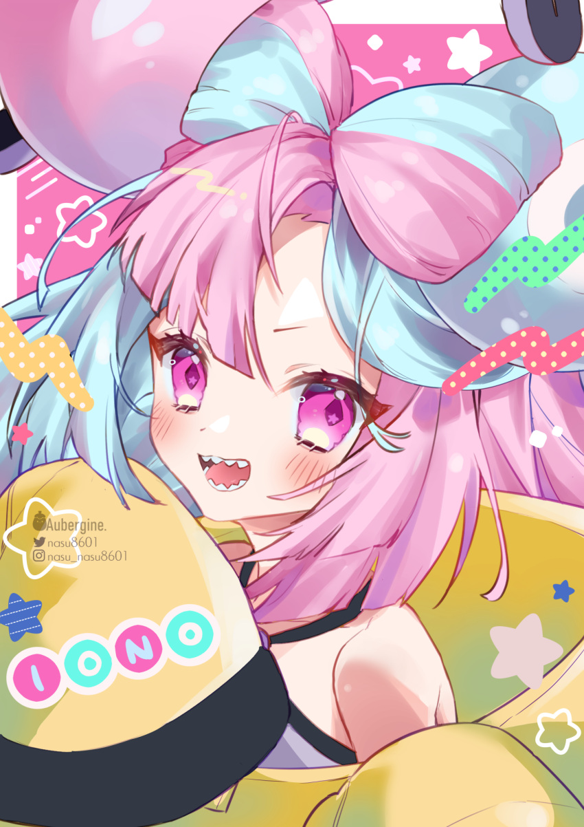 1girl :d aqua_hair arm_up artist_name bangs bare_shoulders blush bow-shaped_hair character_hair_ornament collarbone eyelashes hair_ornament highres iono_(pokemon) jacket looking_at_viewer multicolored_hair nasu8601 open_mouth pink_background pink_eyes pink_hair pokemon pokemon_(game) pokemon_sv sharp_teeth shirt sleeveless sleeveless_shirt sleeves_past_fingers sleeves_past_wrists smile solo star_(symbol) star_in_eye symbol_in_eye teeth tongue twitter_username two-tone_background two-tone_hair white_background white_shirt yellow_jacket