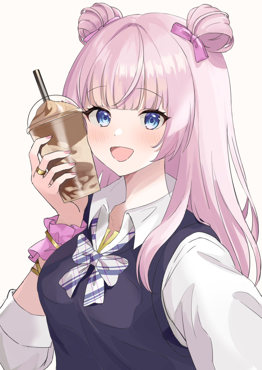 1girl :d assault_lily bangs black_sweater_vest blue_eyes blunt_bangs blush bow bowtie brown_background collared_shirt commentary_request cup cup_to_cheek disposable_cup double_bun drinking_straw fingernails hair_bow hair_bun hands_up highres holding holding_cup jewelry kon_(kon9d) long_hair long_sleeves looking_at_viewer official_alternate_costume open_mouth outstretched_arm pink_bow pink_hair pink_scrunchie plaid plaid_bow reaching_out ribbon ring scrunchie selfie shirt simple_background sleeves_rolled_up smile solo striped striped_bow striped_bowtie sweater_vest tanba_akari upper_body white_bow white_bowtie white_shirt wrist_ribbon wrist_scrunchie yellow_ribbon