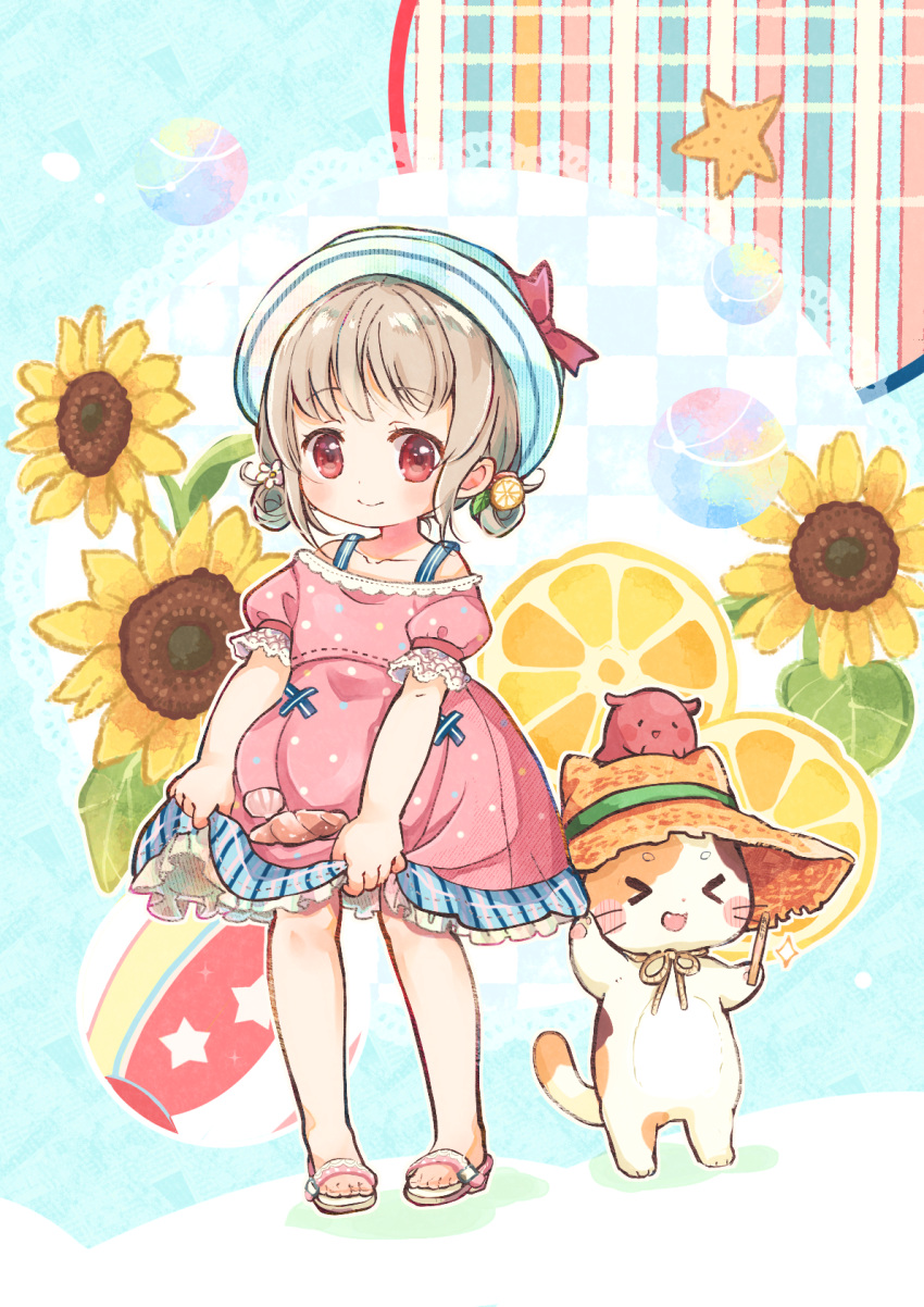 1girl ball bangs beachball blush brown_hair bubble calico cat female_child flower food fruit hacosumi hair_rings hat hat_ribbon highres lace-trimmed_sleeves lace_trim lemon lemon_slice octopus original petticoat red_eyes ribbon sandals seashell shell skirt_basket skirt_hold smile solo starfish straw_hat sun_hat sunflower