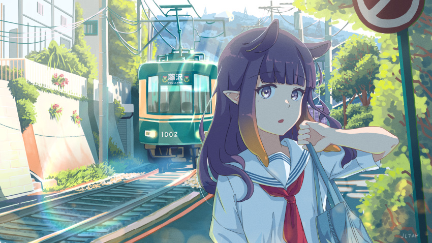 1girl :o alternate_costume bag bangs enoshima_electric_railway ground_vehicle hair_behind_ear highres holding holding_bag hololive hololive_english jl_tan mole mole_under_eye ninomae_ina'nis outdoors pointy_ears power_lines purple_hair scenery school_bag solo tentacle_hair train upper_body violet_eyes virtual_youtuber