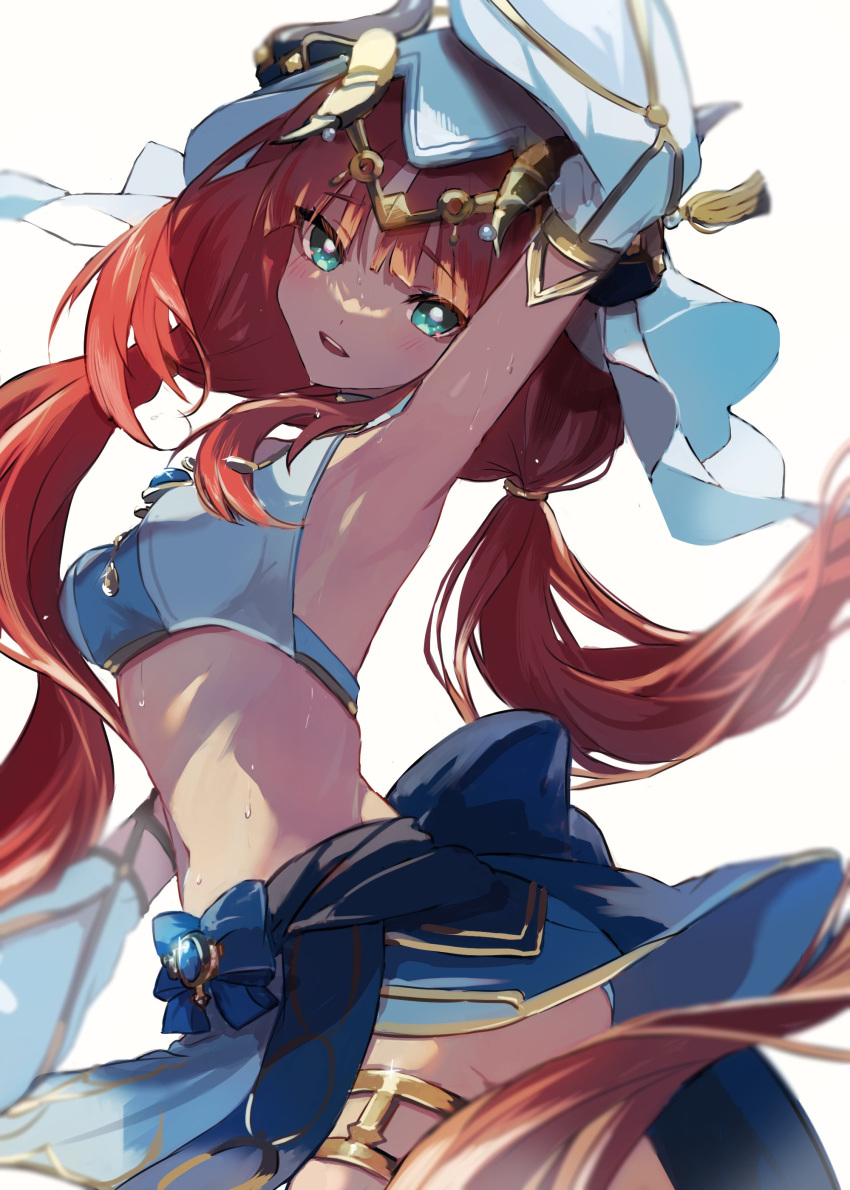1girl absurdres arm_up armpits back_bow bangs blue_bow blue_gemstone blue_skirt bow breasts commentary_request crop_top detached_sleeves fa2_(etu831) gem genshin_impact gold green_eyes hair_between_eyes hand_up highres jewelry long_hair long_sleeves looking_at_viewer medium_breasts navel necklace nilou_(genshin_impact) open_mouth redhead sidelocks simple_background skirt smile solo standing sweat sweatdrop teeth tongue twintails veil white_background wide_sleeves
