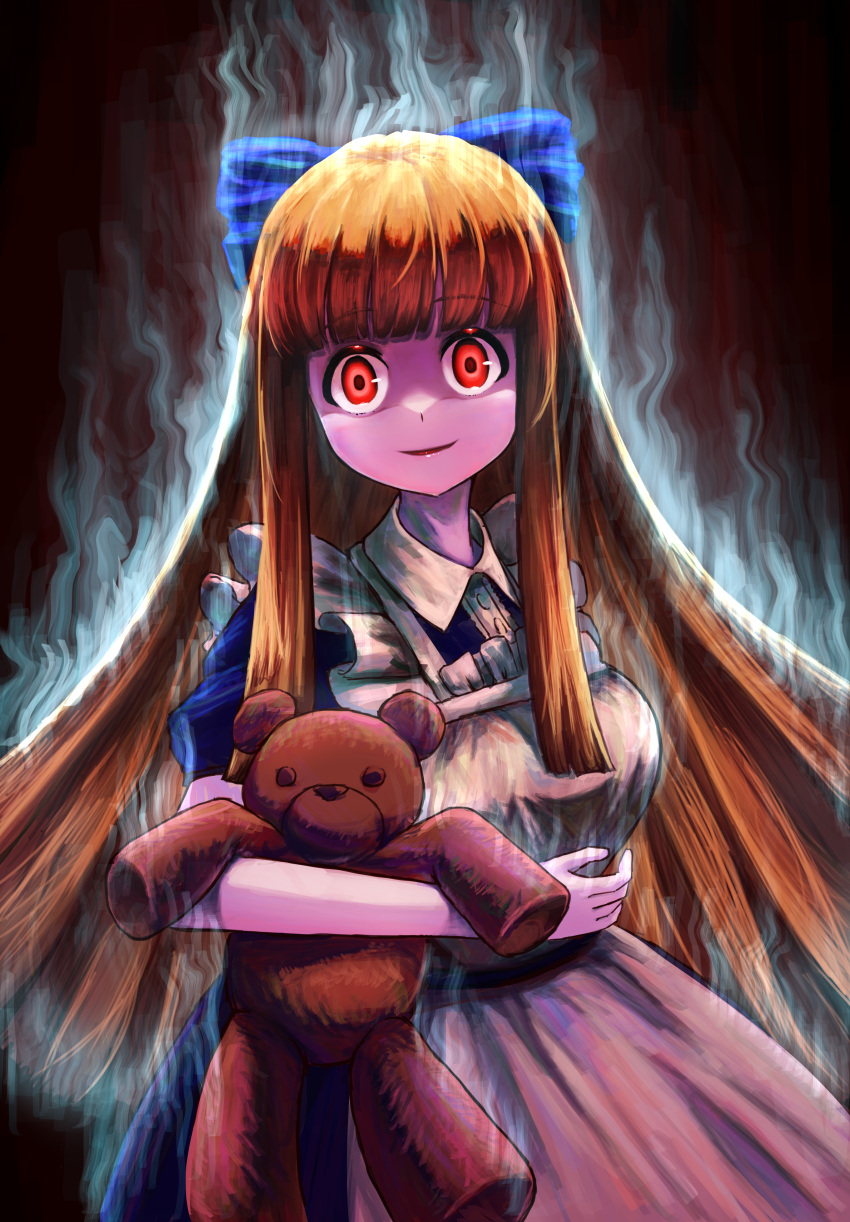 1girl absurdres aura bangs black_alice_(mon-musu_quest!) blonde_hair blue_bow blue_dress blunt_bangs bow breasts dress eyebrows eyebrows_visible_through_hair hair_bow highres holding holding_stuffed_toy long_hair looking_at_viewer mon-musu_quest! open_mouth red_eyes short_sleeves sidelocks smile stuffed_animal stuffed_toy teddy_bear to_kage_p