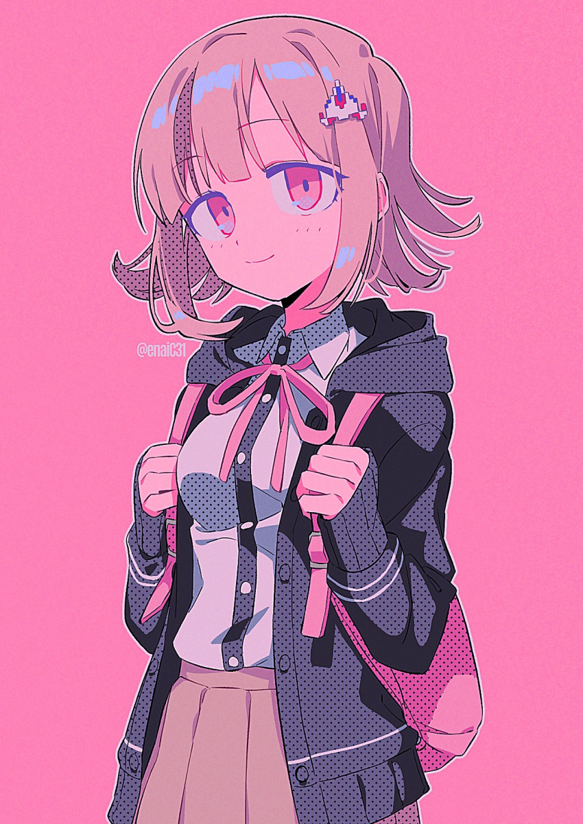 1girl artist_name bag bangs black_jacket blush bow bowtie breasts brown_hair buttons closed_mouth commentary_request danganronpa:_trigger_happy_havoc danganronpa_(series) grey_shirt hair_ornament hands_up highres hood jacket light_brown_hair long_sleeves looking_at_viewer medium_breasts menma_(enaic31) nanami_chiaki open_clothes open_jacket open_mouth pink_background pink_bag pink_bow pink_bowtie pink_eyes pink_skirt puffy_long_sleeves puffy_sleeves shirt short_hair simple_background skirt smile solo spaceship_hair_ornament standing