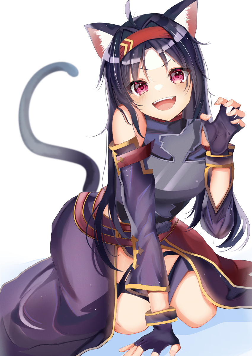 1girl absurdres ahoge alternate_hair_color animal_ear_fluff animal_ears armor bare_shoulders belt black_hair breastplate cat_ears cat_tail detached_sleeves fang fantasy fingerless_gloves full_body gloves hairband hand_up highres light_brown_hair long_hair long_sleeves looking_at_viewer multicolored_clothes open_mouth paw_pose purple_gloves purple_hair purple_skirt purple_sleeves red_belt red_eyes red_hairband shadow simple_background skirt smile solo sword_art_online syukuhuku_0 tail teeth thighs tongue upper_teeth v-shaped_eyebrows white_background yuuki_(sao)