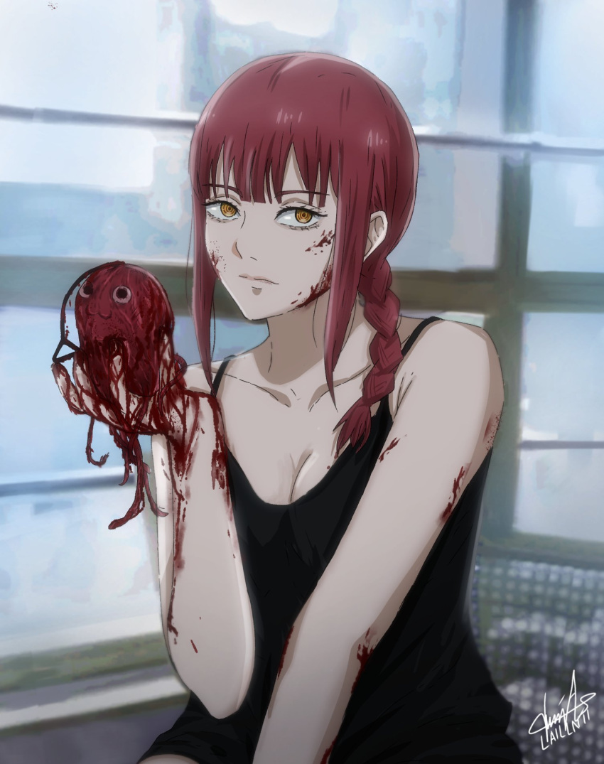 1girl @_@ bangs black_tank_top blood blood_on_face blood_splatter braid breasts chainsaw_man closed_mouth highres indoors laillnii looking_to_the_side makima_(chainsaw_man) medium_breasts medium_hair pochita_(chainsaw_man) redhead sidelocks sitting solo tank_top yellow_eyes