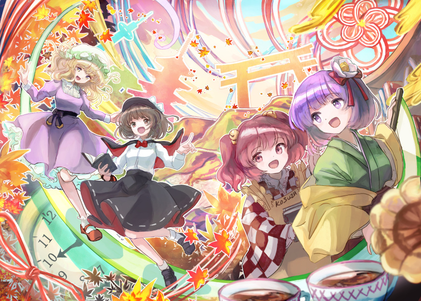 4girls :d absurdres apron bell black_eyes black_headwear black_skirt blonde_hair bob_cut book bow brown_hair checkered_clothes checkered_kimono clock commentary_request cup dress flower green_kimono hair_bell hair_flower hair_ornament hat hieda_no_akyuu highres holding holding_book holding_scroll japanese_clothes kimono kyoto_tower leaf long_hair maple_leaf maribel_hearn minus_(sr_mineka) mob_cap motoori_kosuzu mountain multiple_girls open_book open_mouth outdoors pagoda purple_dress purple_hair red_bow red_eyes red_ribbon redhead ribbon scroll shirt short_hair skirt smile tea teacup torii touhou tower twintails usami_renko violet_eyes white_bow white_headwear white_shirt yellow_apron yellow_eyes yellow_kimono