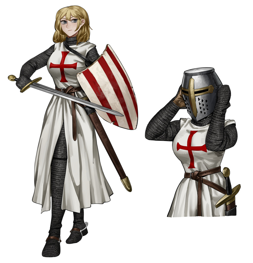 1girl absurdres armor belt blonde_hair blue_eyes chainmail closed_mouth cross full_body helmet highres holding holding_sword holding_weapon knight knights_templar medium_hair multiple_views original remora25 sheath shield simple_background standing stirrups sword weapon white_background white_tunic