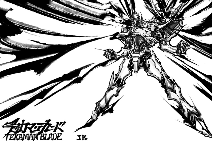 armor d-boy energy_cannon exoskeleton gleam greyscale highres lightning monochrome power_armor power_suit ryou-k simple_background solo tekkaman_blade