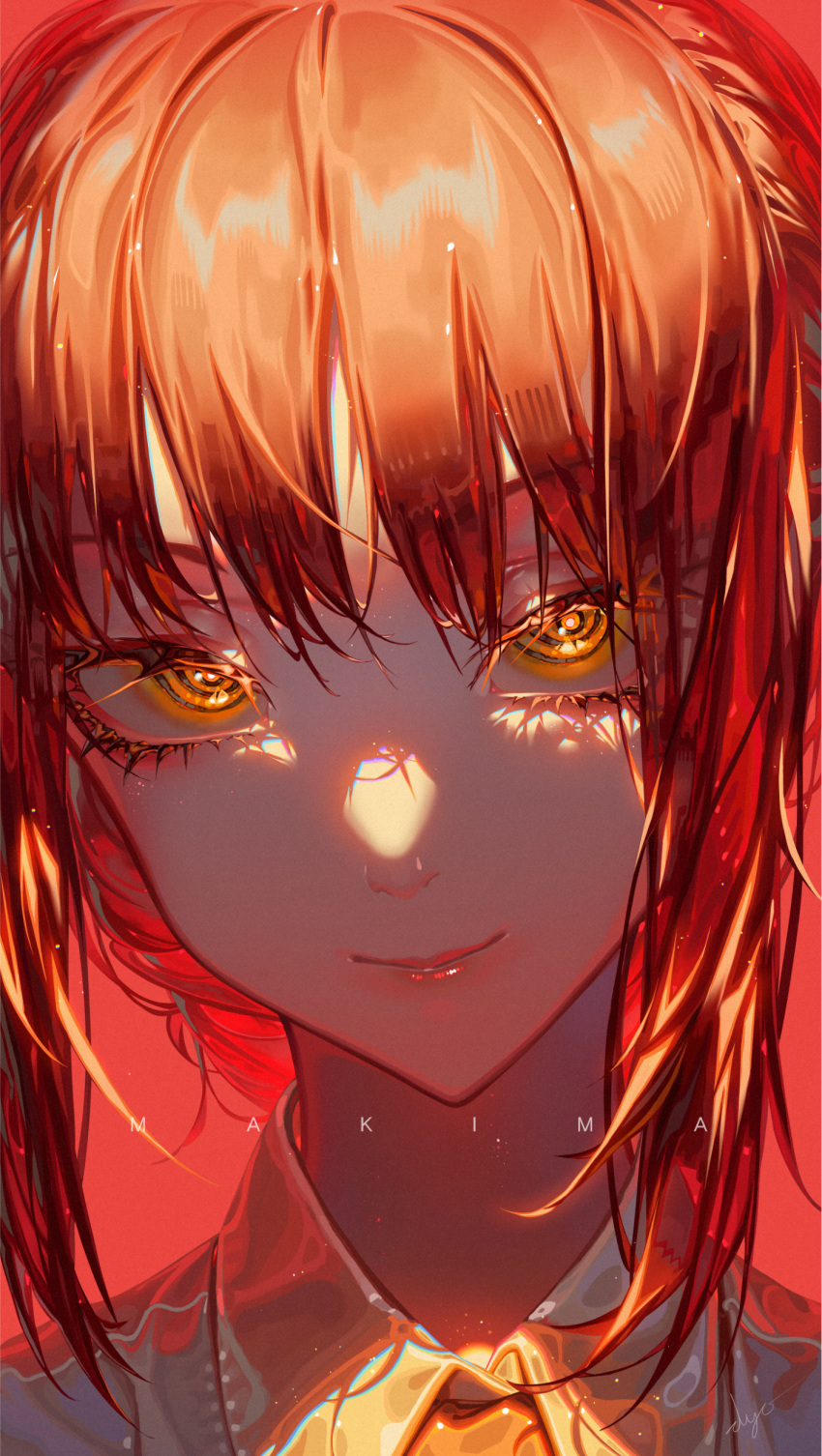 1girl absurdres bangs chainsaw_man character_name closed_mouth diyokama highres looking_at_viewer makima_(chainsaw_man) orange_eyes pink_background portrait redhead short_hair simple_background smile solo