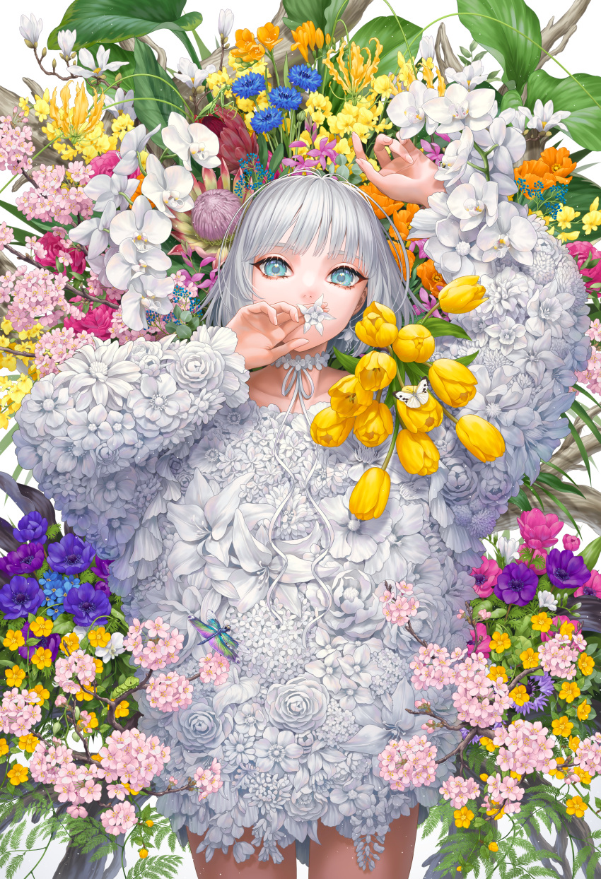 1girl absurdres anemone_(flower) bangs blue_eyes blue_flower blunt_bangs bob_cut bouquet bug butterfly caterpillar cherry_blossoms choker commentary cornflower covered_mouth dragonfly dress english_commentary eyebrows_hidden_by_hair fern flower flower_choker flower_dress flower_request forget-me-not_(flower) gloriosa_(flower) highres holding leaf long_hair long_sleeves looking_at_viewer lying magnolia minami_(minami373916) on_back oncidium orange_flower orchid original pink_flower purple_flower solo tulip white_dress white_flower yellow_flower