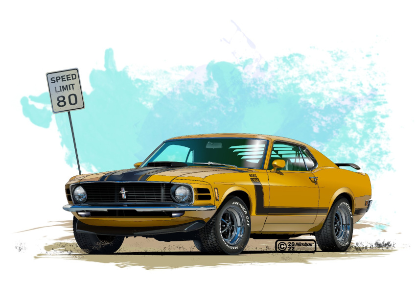 car ford ford_mustang ground_vehicle headlight highres motor_vehicle muscle_car nimbus_goldbrum no_humans original realistic sky solo speed_limit_sign spoiler_(automobile) vehicle_focus