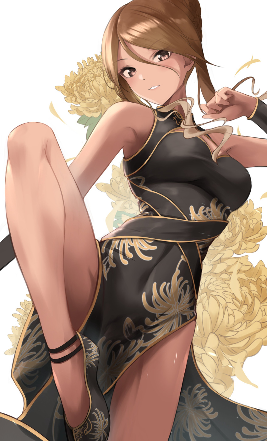 1girl absurdres bare_legs bare_shoulders black_dress blonde_hair breasts brown_eyes brown_hair china_dress chinese_clothes dress floral_print flower gradient_hair highres idolmaster idolmaster_shiny_colors izumi_mei large_breasts light_smile long_hair looking_at_viewer multicolored_hair oka_yuto tan white_background yellow_flower