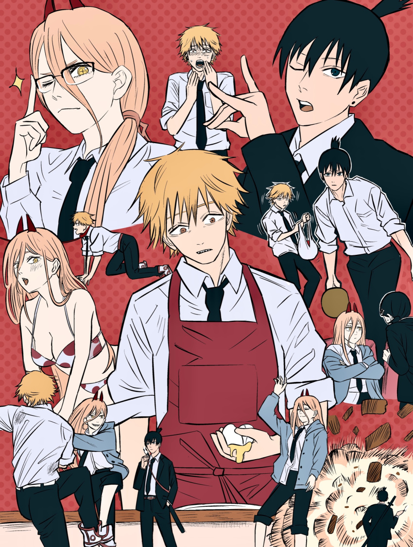 all_fours apron bikini black_hair black_necktie blonde_hair bowling chainsaw chainsaw_man cigarette collared_shirt cross-shaped_pupils dancing denji_(chainsaw_man) explosion formal fox_shadow_puppet glasses hair_between_eyes hand_in_pocket hayakawa_aki highres horns leash long_hair looking_at_viewer manjarooo necktie power_(chainsaw_man) red_background red_horns shirt shirt_tucked_in short_hair simple_background sleeves_rolled_up suit surprised swimsuit the_big_lebowski topknot white_shirt