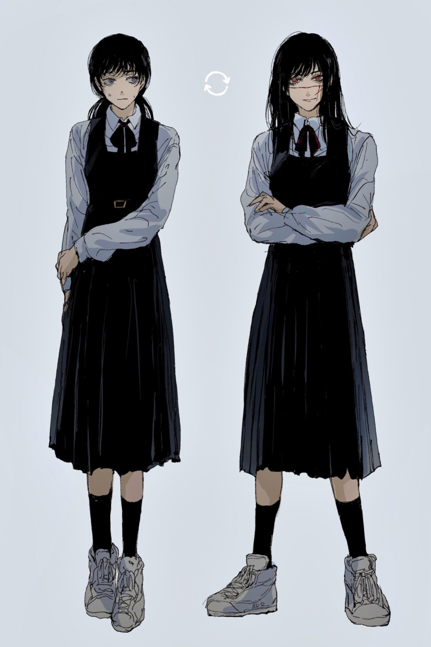2girls arm_at_side arrow_(symbol) bangs belt black_dress black_hair black_socks blue_eyes chainsaw_man collared_shirt crossed_arms dress dual_persona full_body grey_background grey_shirt hand_on_own_arm highres long_sleeves looking_at_another looking_at_viewer low_twintails medium_hair mitaka_asa multiple_girls neck_ribbon pinafore_dress red_eyes ribbon ringed_eyes scar scar_on_cheek scar_on_face scar_on_nose school_uniform shirt shoes short_twintails sideways_glance simple_background smile sneakers socks standing straight-on sweat twintails white_footwear yoru_(chainsaw_man) yukke_(nama29_umai)